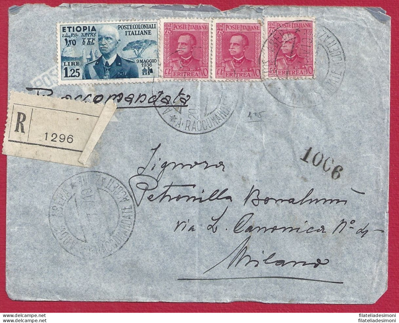 1937 ERITREA, Lettera Affrancata N° 200(3)-204 + Etiopia N° 7 - Erythrée