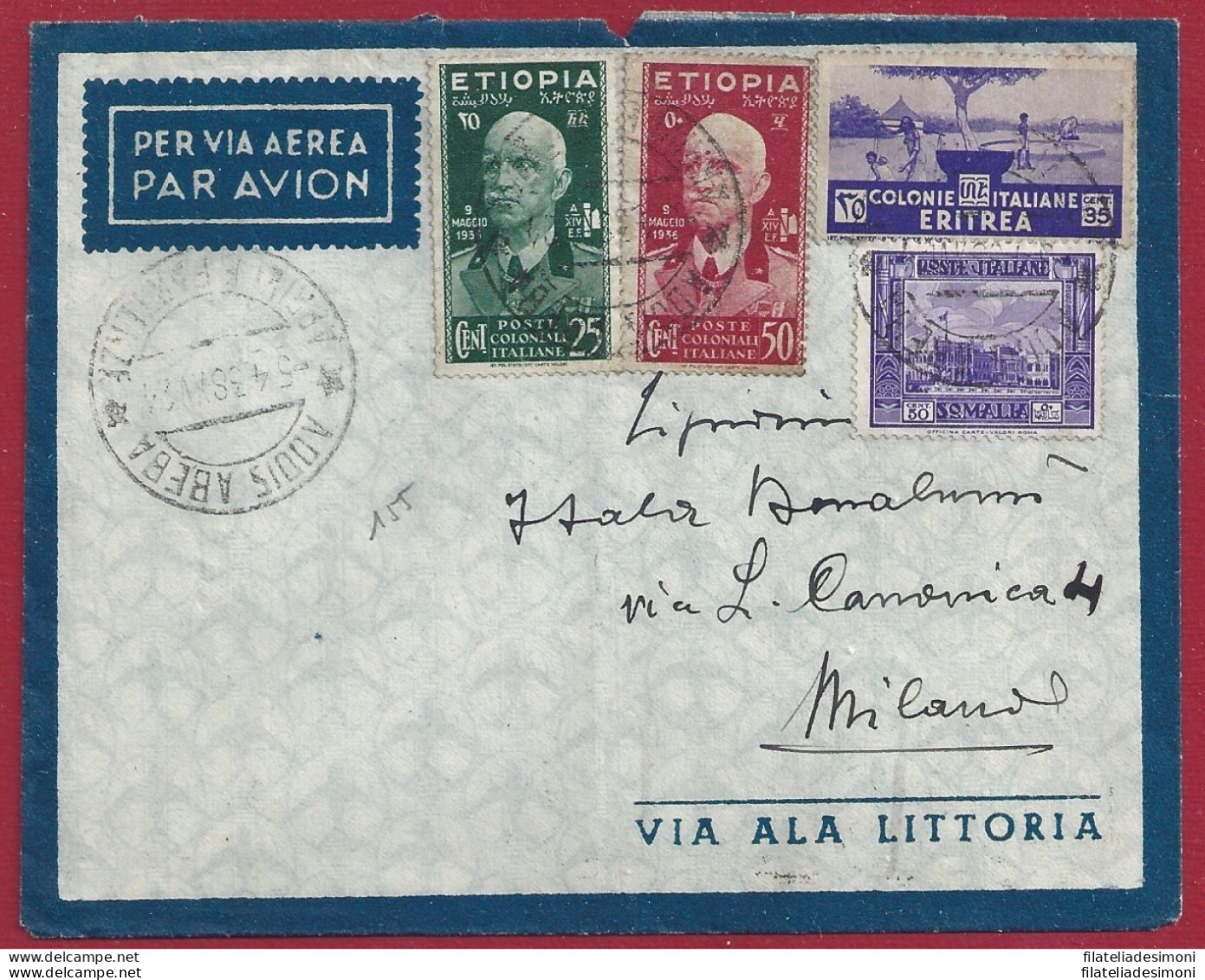 1937 ERITREA, Lettera Affrancata N° 208 + Etiopia N° 3-5 Somalia N° 221 - Erythrée