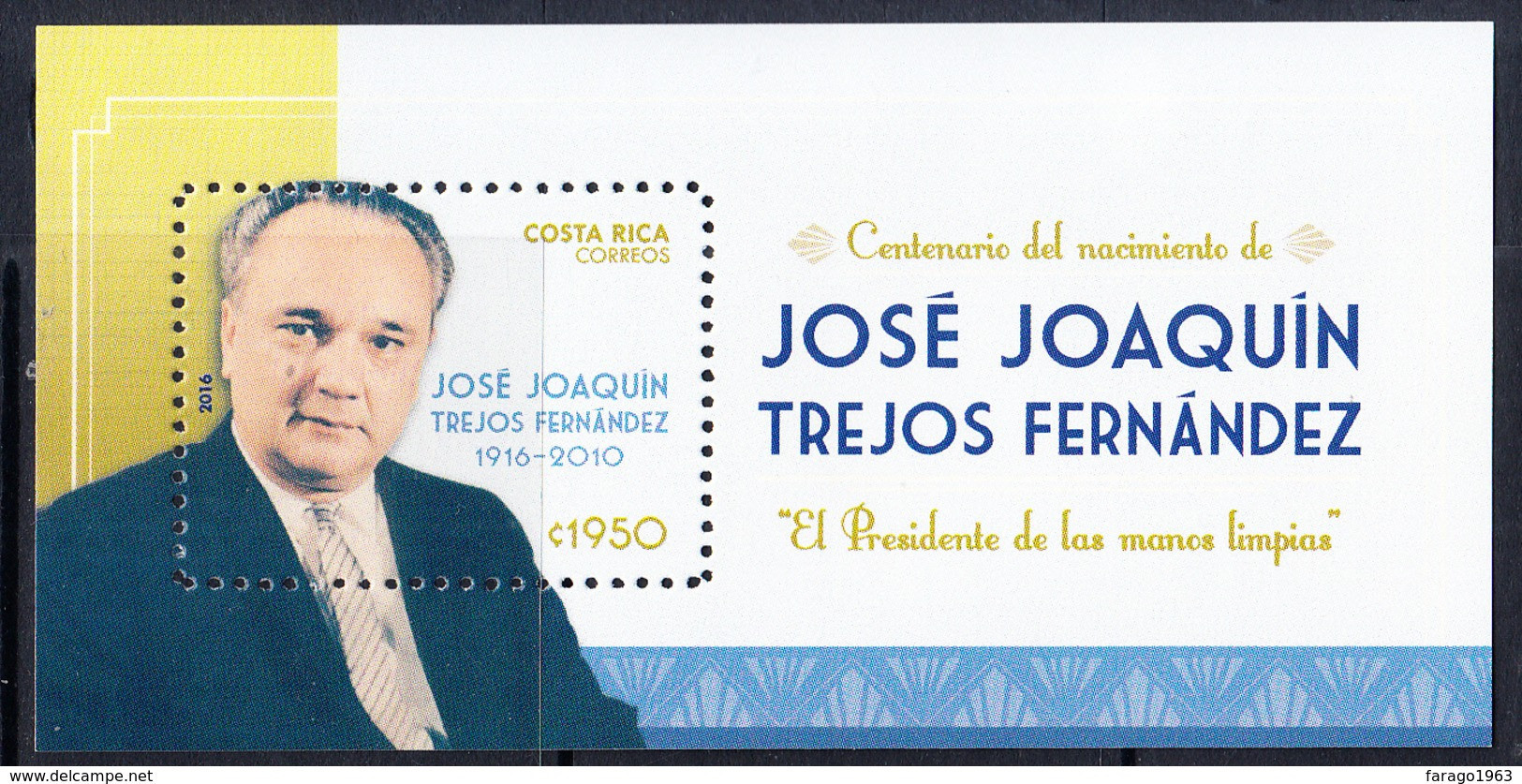 2016 Costa Rica President Fernandez Souvenir Sheet MNH - Costa Rica