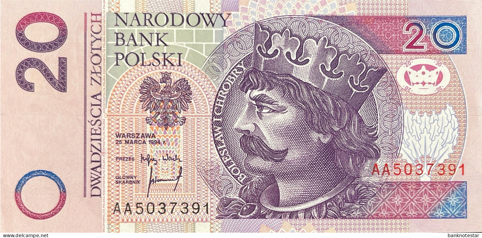 Poland 20 Zloty, P-174a (25.3.1994) - UNC - AA Serial Number - Poland