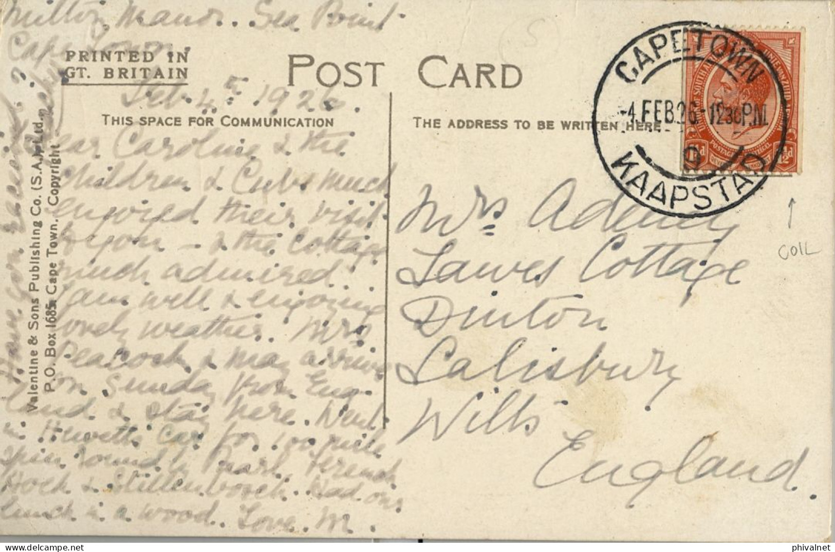 1926 AFRICA DEL SUR , CAPETOWN - SALISBURY , T.P. CIRCULADA " CHAPMAN'S PEAK ROAD " - Lettres & Documents