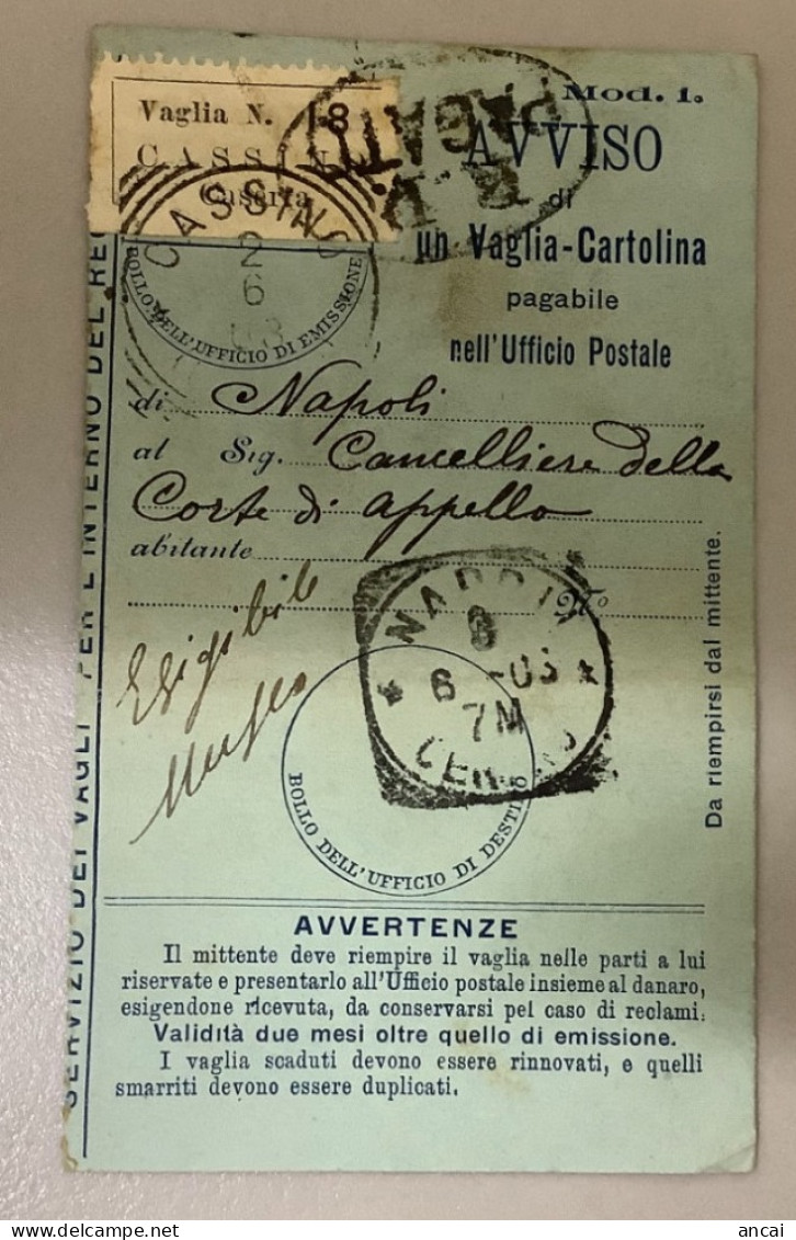 Italy. A202. Cassino. 1903. Annullo Tondo Riguardato Su Avviso Di Un Vaglia Postale - Franchise