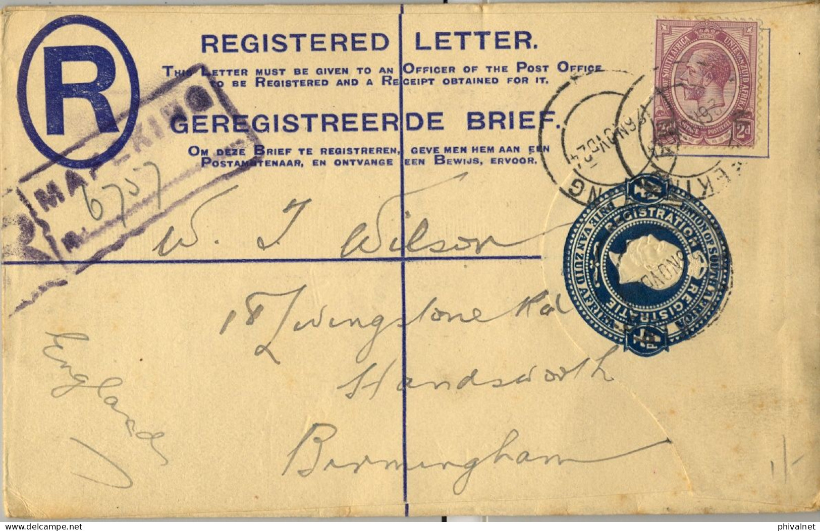 1924 AFRICA DEL SUR , MAFEKING - BIRMINGHAM , SOBRE ENTERO POSTAL CERTIFICADO , LLEGADA - Lettres & Documents