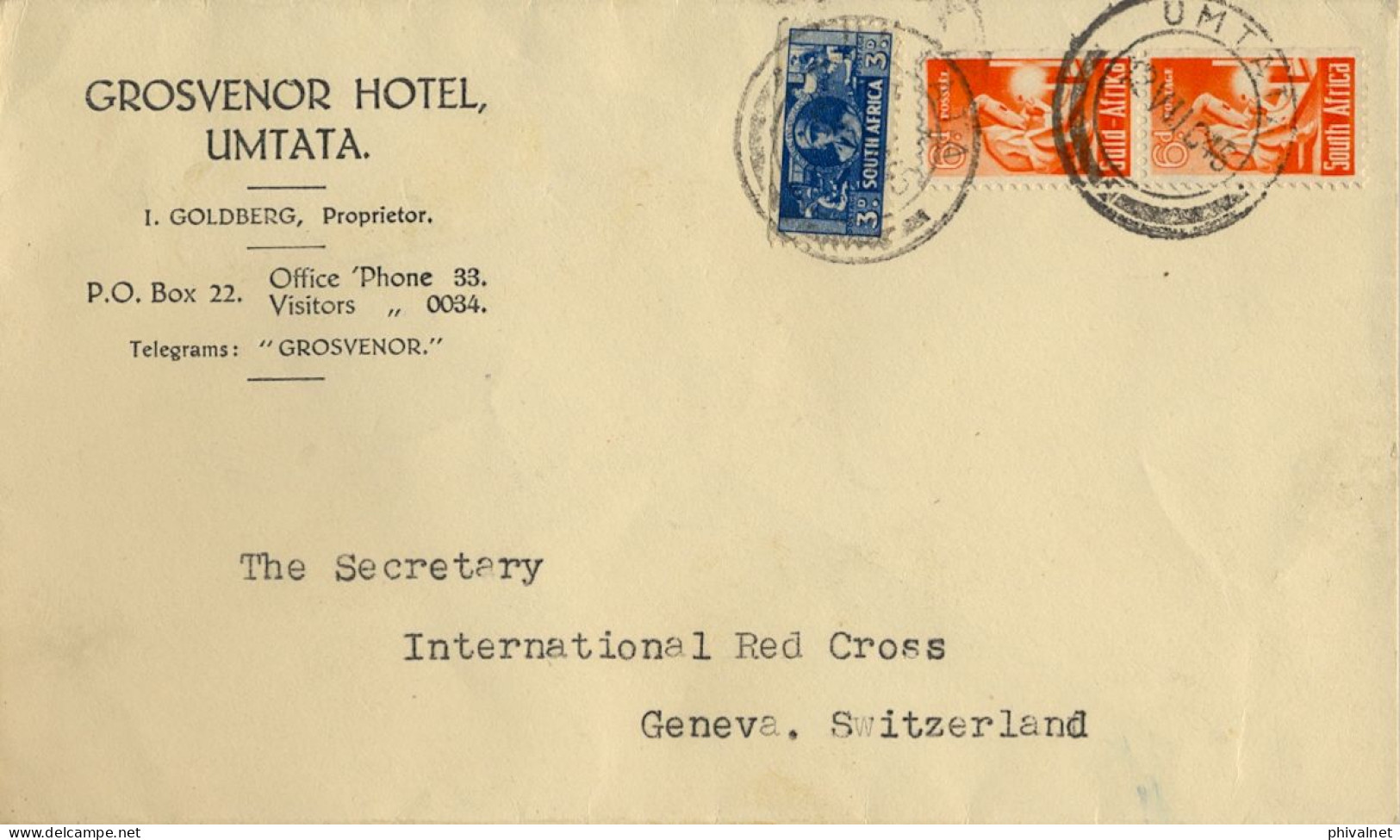 1946 AFRICA DEL SUR , UMTATA - GENEVA , GROSVENOR HOTEL , SOBRE CIRCULADO - Brieven En Documenten