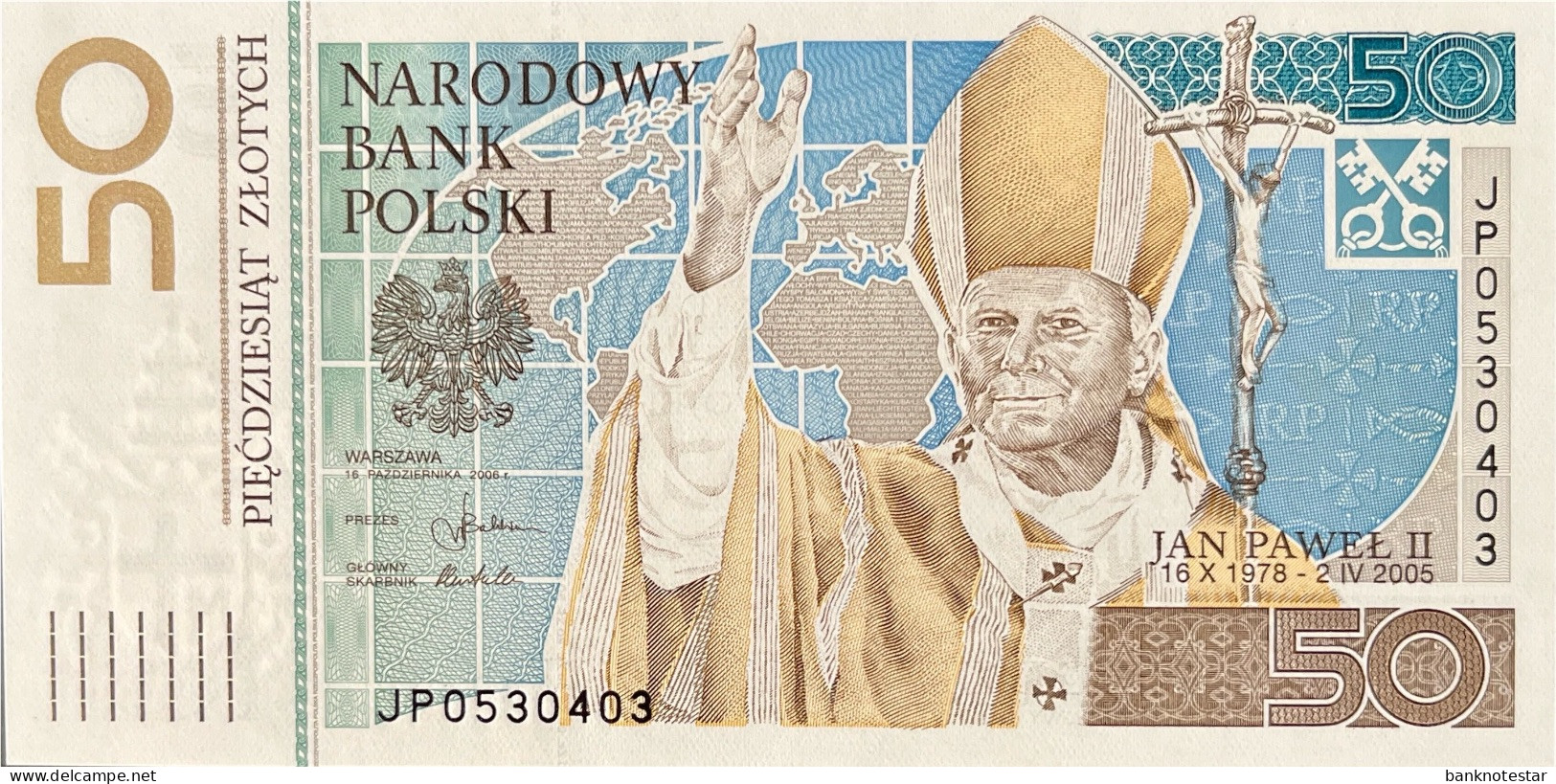 Poland 50 Zloty, P-178 (16.10.2006) - UNC - Pope John Paul II Banknote - Pologne