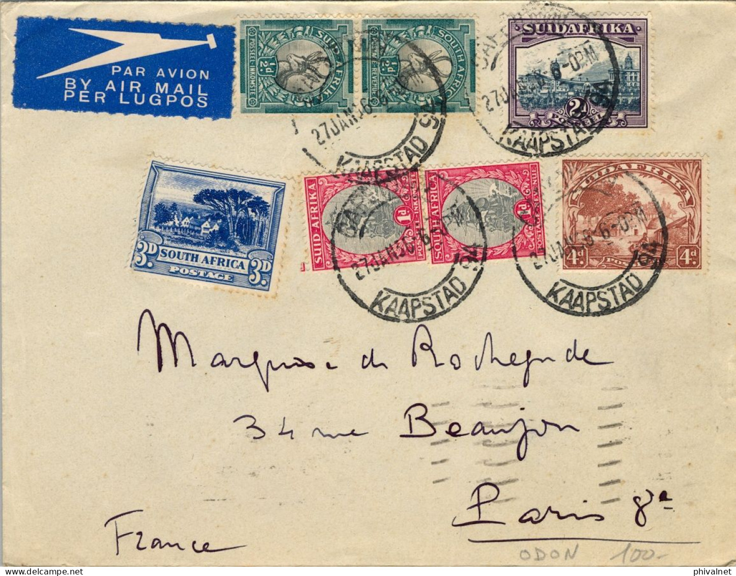 1936 AFRICA DEL SUR , CAPETOWN - PARIS , SOBRE CIRCULADO , CORREO AÉREO , LLEGADA - Lettres & Documents