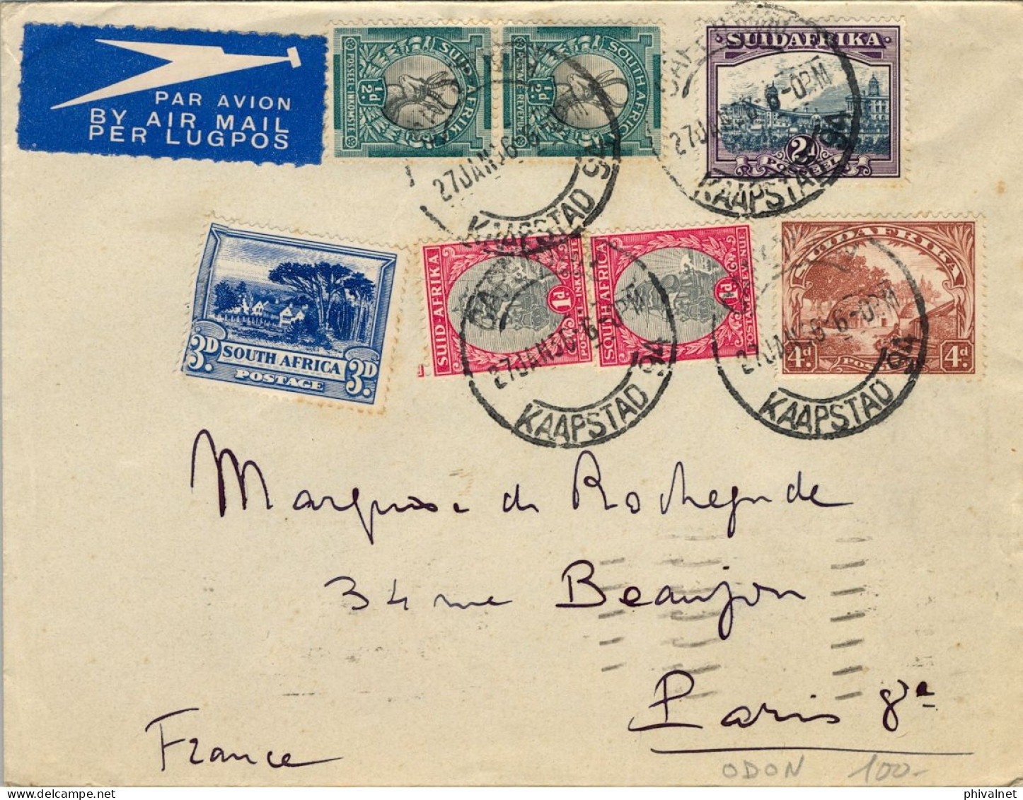 1936 AFRICA DEL SUR , CAPETOWN - PARIS , SOBRE CIRCULADO , CORREO AÉREO , LLEGADA - Storia Postale