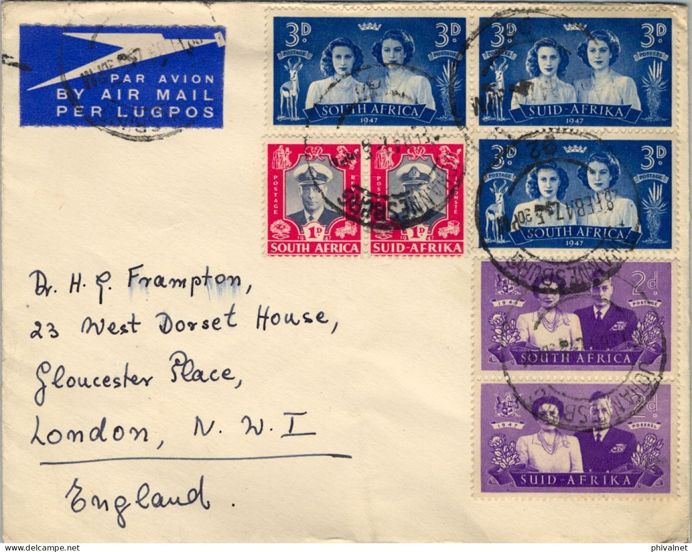 1947 AFRICA DEL SUR , JOHANNESBURG - LONDON , CORONACIÓN , SOBRE CIRCULADO , CORREO AÉREO - Cartas
