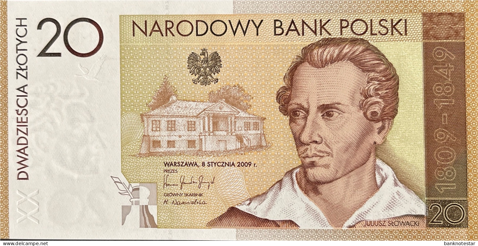 Poland 20 Zloty, P-180 (23.9.2009) - UNC - Juliusz Slowacki Banknote - Polonia