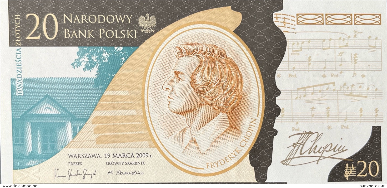 Poland 20 Zloty, P-181 (29.3.2009) - UNC - Chopin Banknote - Polonia