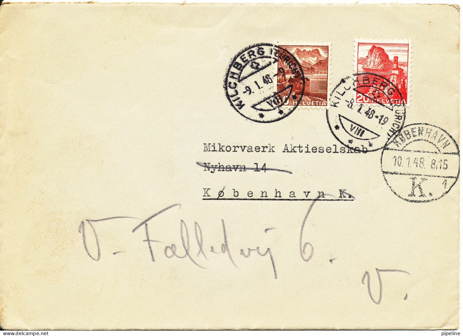 Switzerland Cover Sent To Denmark Kilchberg 9-1-1948 - Lettres & Documents