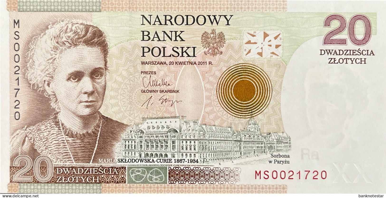 Poland 20 Zloty, P-A184 (20.4.2011) - UNC - Marie Curie Banknote - Poland