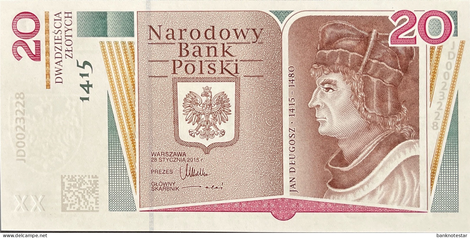 Poland 20 Zloty, P-188 (24.6.2015) - UNC - Jan Dlugosz Banknote - RARE - Pologne