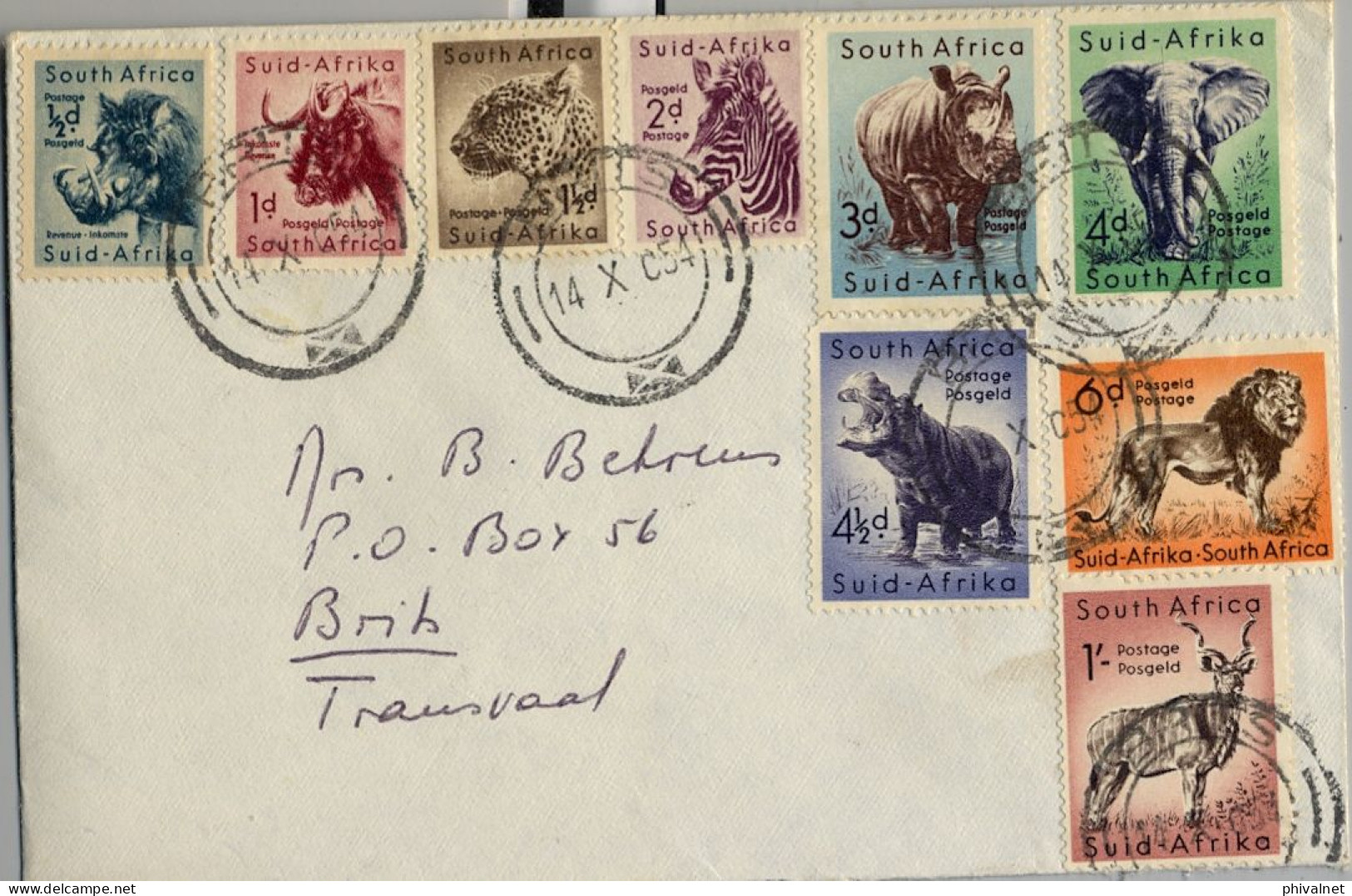 1954 AFRICA DEL SUR , BRITS , SOBRE CIRCULADO , FAUNA , ANIMALES , SERIE BÁSICA - Cartas