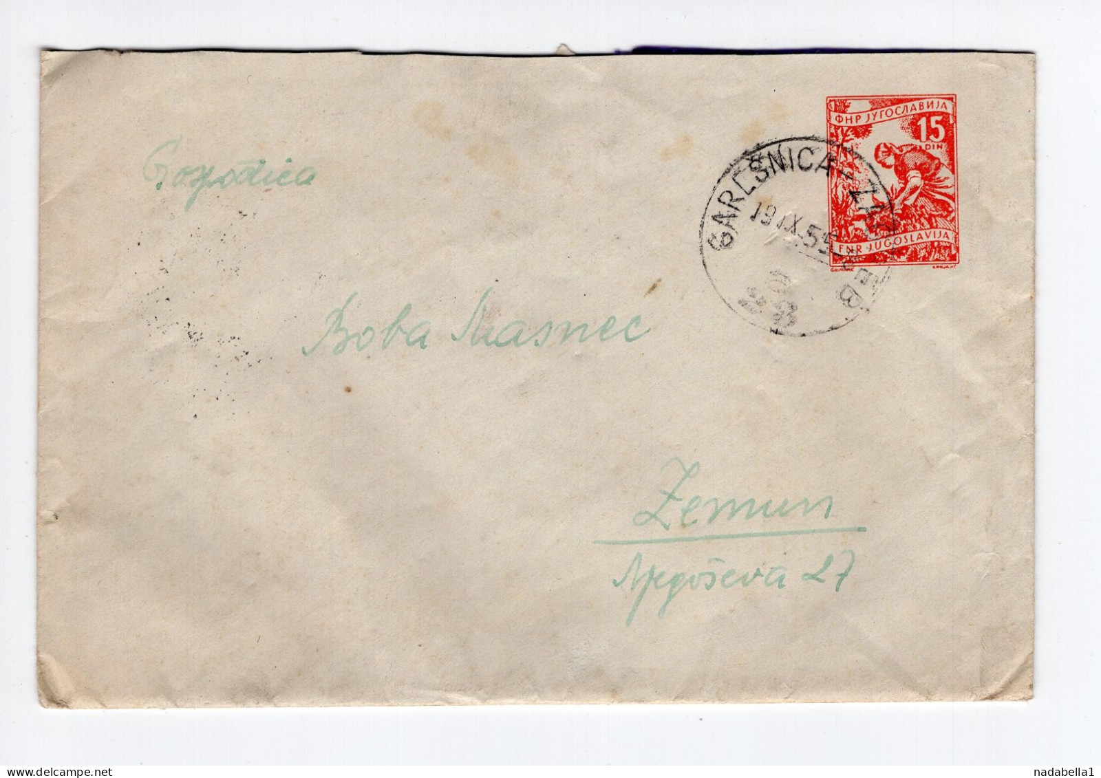 1955. YUGOSLAVIA,CROATIA,TPO 38 GARESNICA-ZAGREB,STATIONERY COVER,USED TO ZEMUN - Entiers Postaux