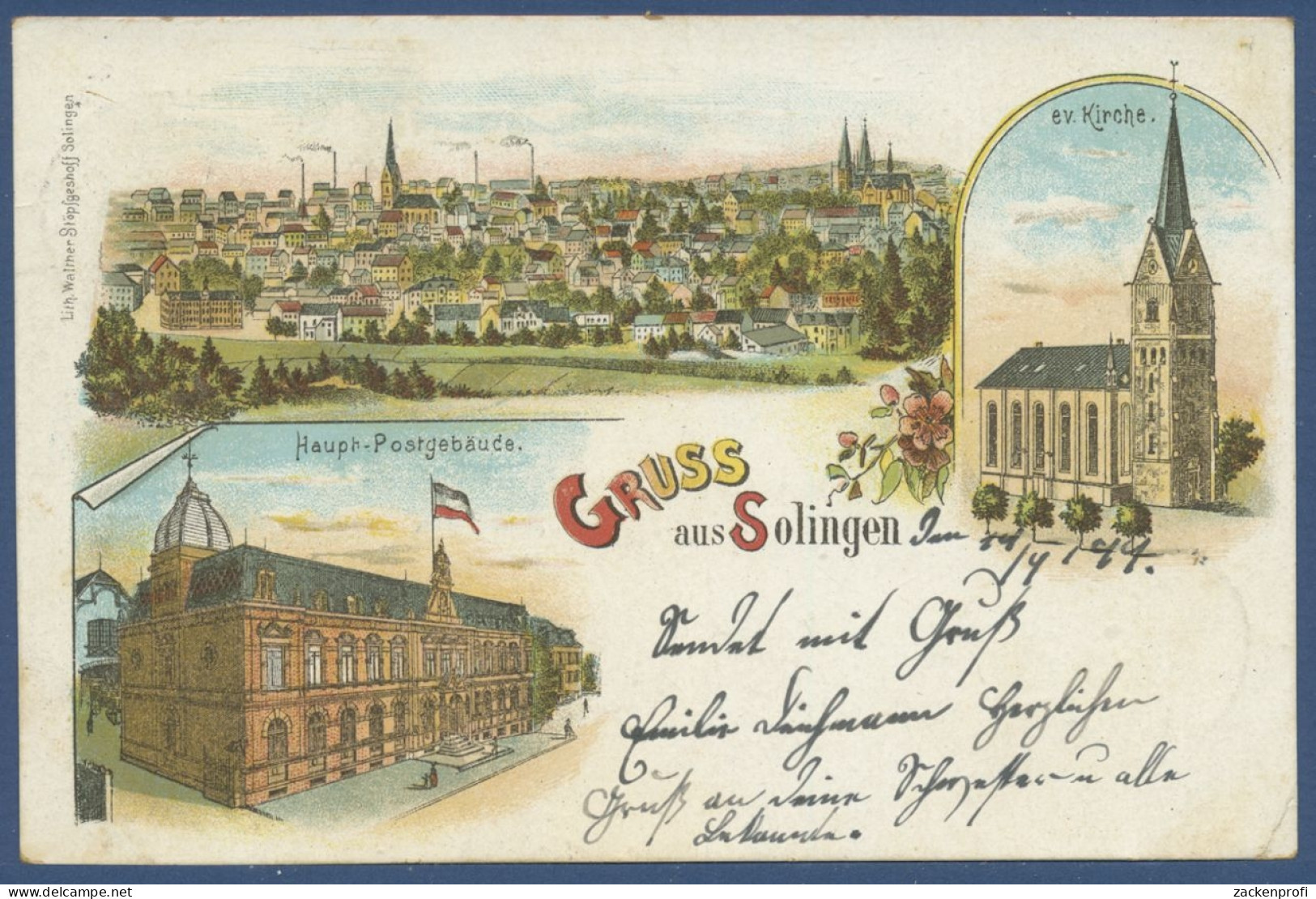 Gruss Aus Solingen Postgebäude Kirche Gesamtansicht, Gelaufen 1899 (AK1283) - Solingen