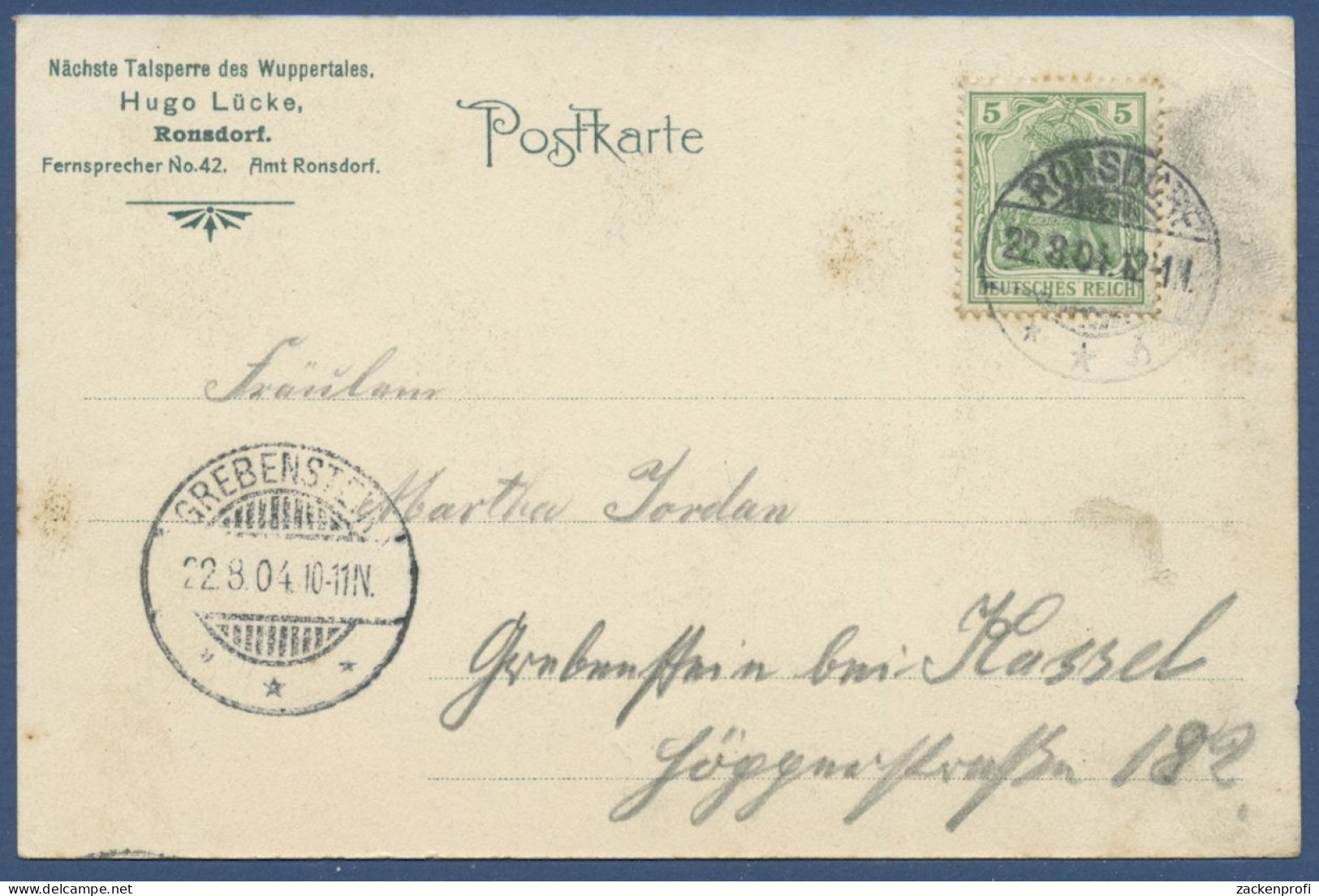 Gruss Von Der Talsperre Zu Ronsdorf Hugo Lücke, Gelaufen 1904 Mängel (AK1268) - Wuppertal