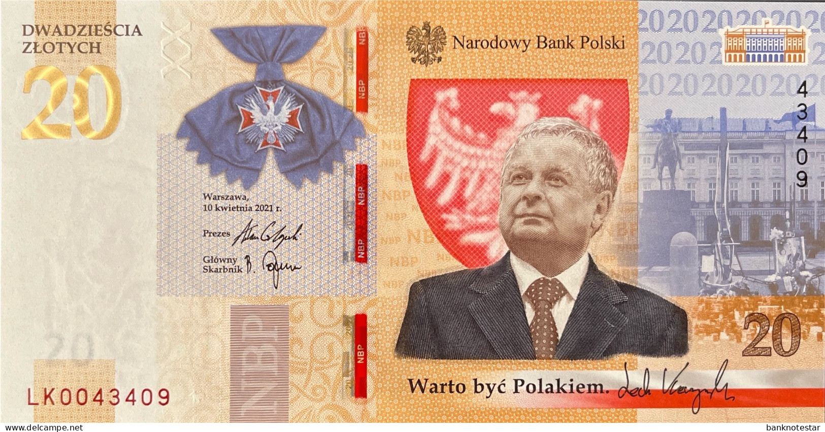 Poland 20 Zloty, P-195 (10.4.2021) - UNC - Lech Kaczyński Banknote - Polonia