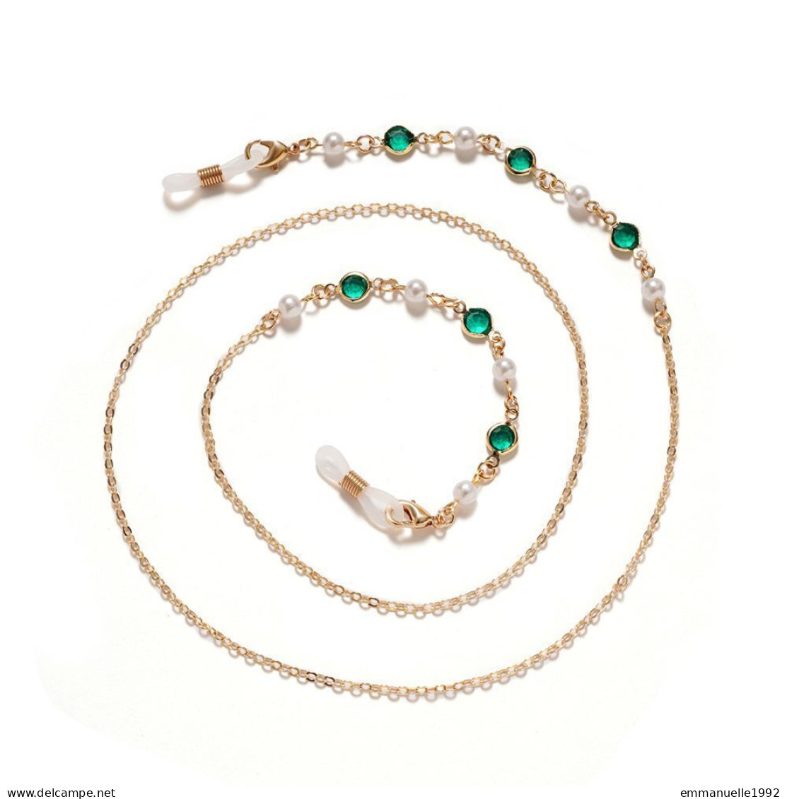 Cordon Chaine à Lunettes Métal Doré Cristaux Vert émeraude Et Perles Fines Imitation Blanc Nacré - Halsketten