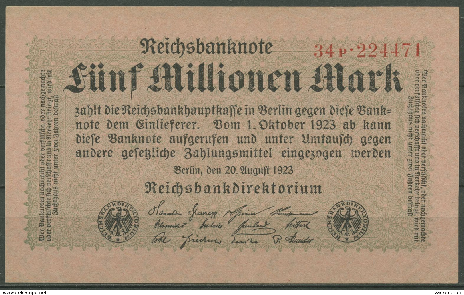 Dt. Reich 5 Millionen Mark 1923, DEU-117b FZ P, Fast Kassenfrisch (K1241) - 5 Millionen Mark