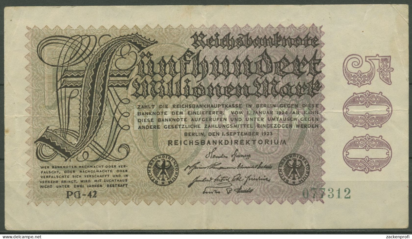 Dt. Reich 500 Millionen Mark 1923, DEU-125c FZ PG, Gebraucht (K1168) - 500 Mio. Mark