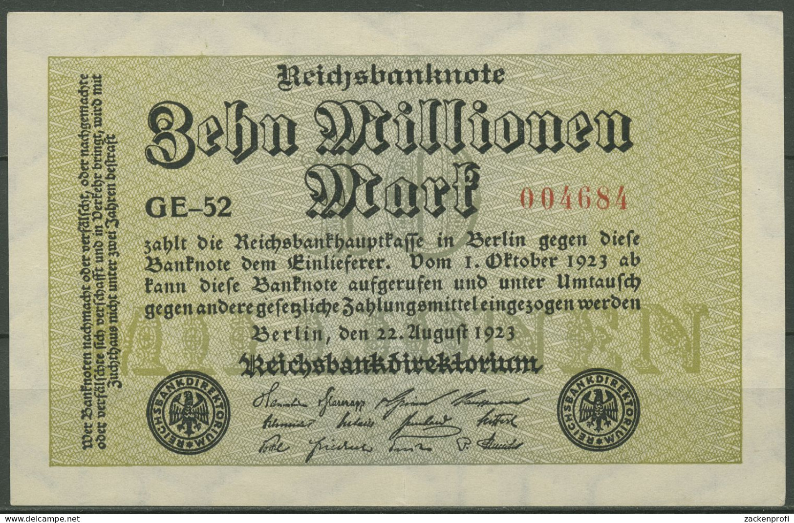 Dt. Reich 10 Millionen Mark 1923, DEU-118g FZ GE, Leicht Gebraucht (K1225) - 10 Millionen Mark