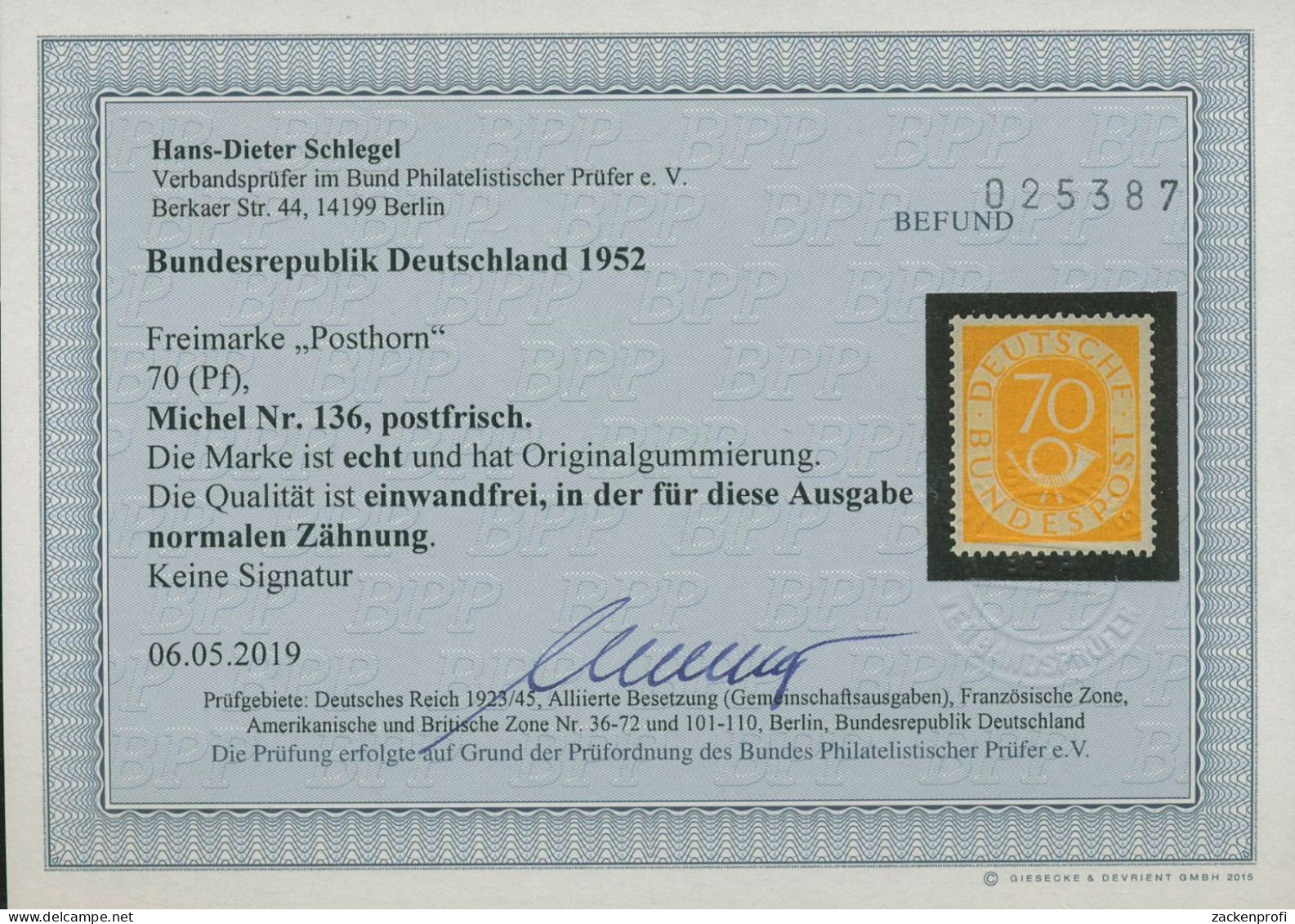 Bund 1951 Freimarke Posthorn 136 Postfrisch Geprüft Mit Befund - Neufs