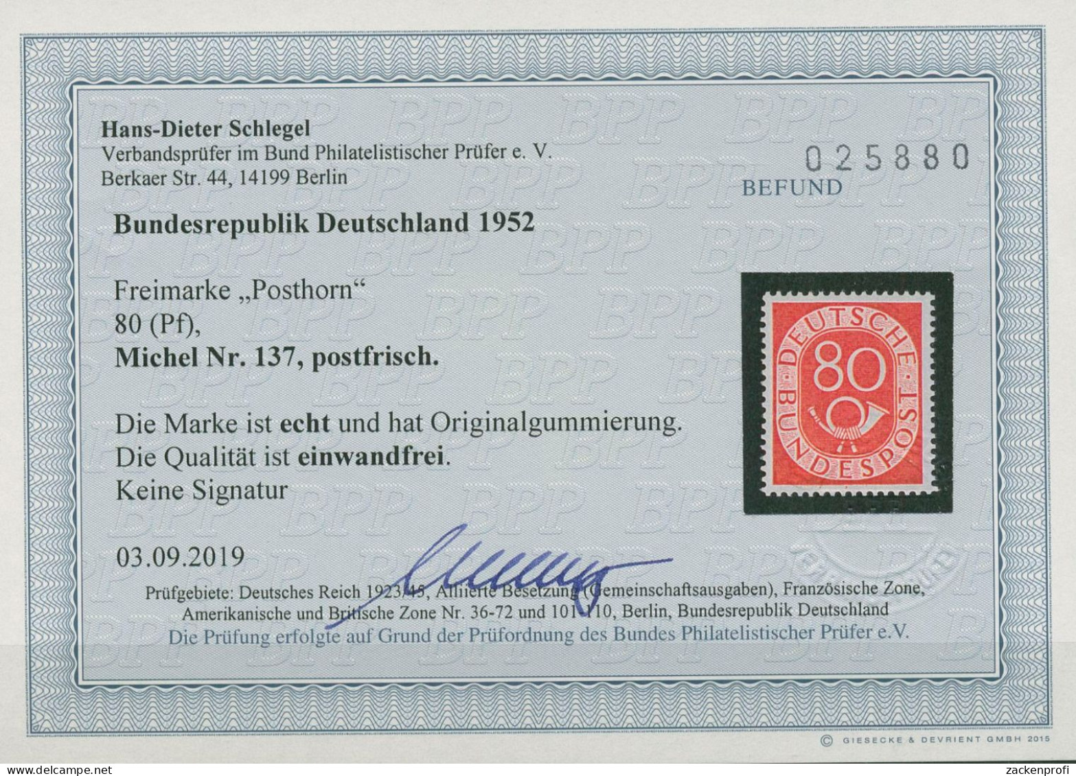 Bund 1951 Freimarke Posthorn 137 Postfrisch Geprüft Mit Befund - Unused Stamps