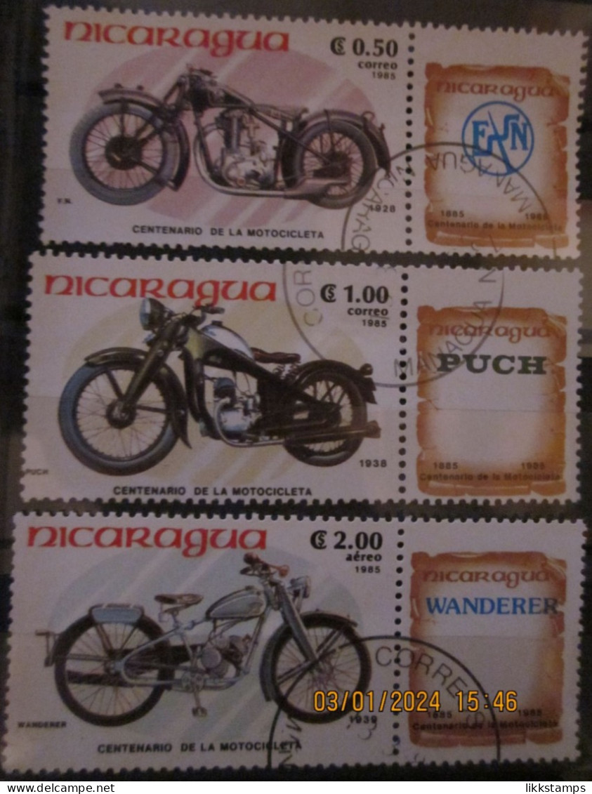 NICARAGUA ~ 1985 ~ S.G. NUMBERS 2667 - 2669. ~ MOTORCYCLES. ~ VFU #03502 - Nicaragua