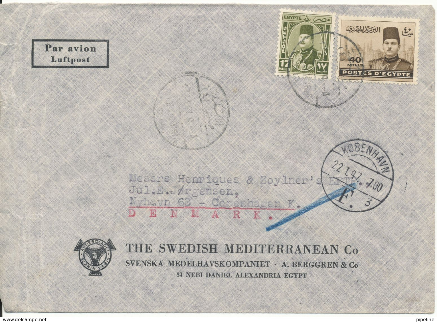 Egypt Air Mail Cover Sent To Denmark 17-1-1947 - Airmail
