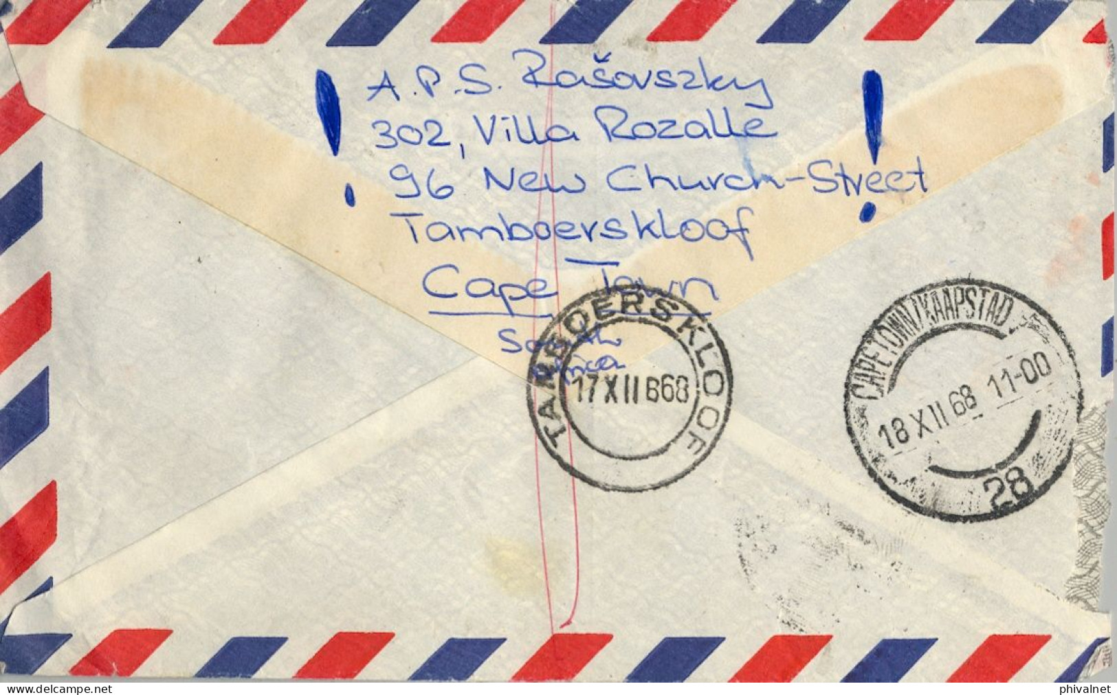 1968 AFRICA DEL SUR , TAMBOERSKLOOF - LUSTMÜHLE , CORREO AÉREO EXPRESS - Brieven En Documenten