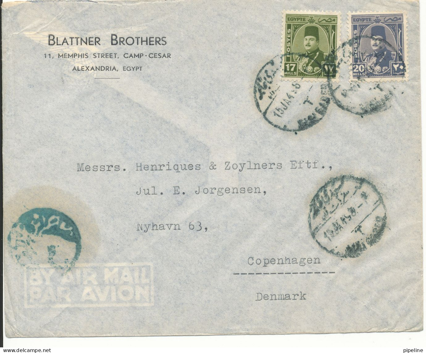 Egypt Air Mail Cover Sent To Denmark 15-1-1949 - Aéreo
