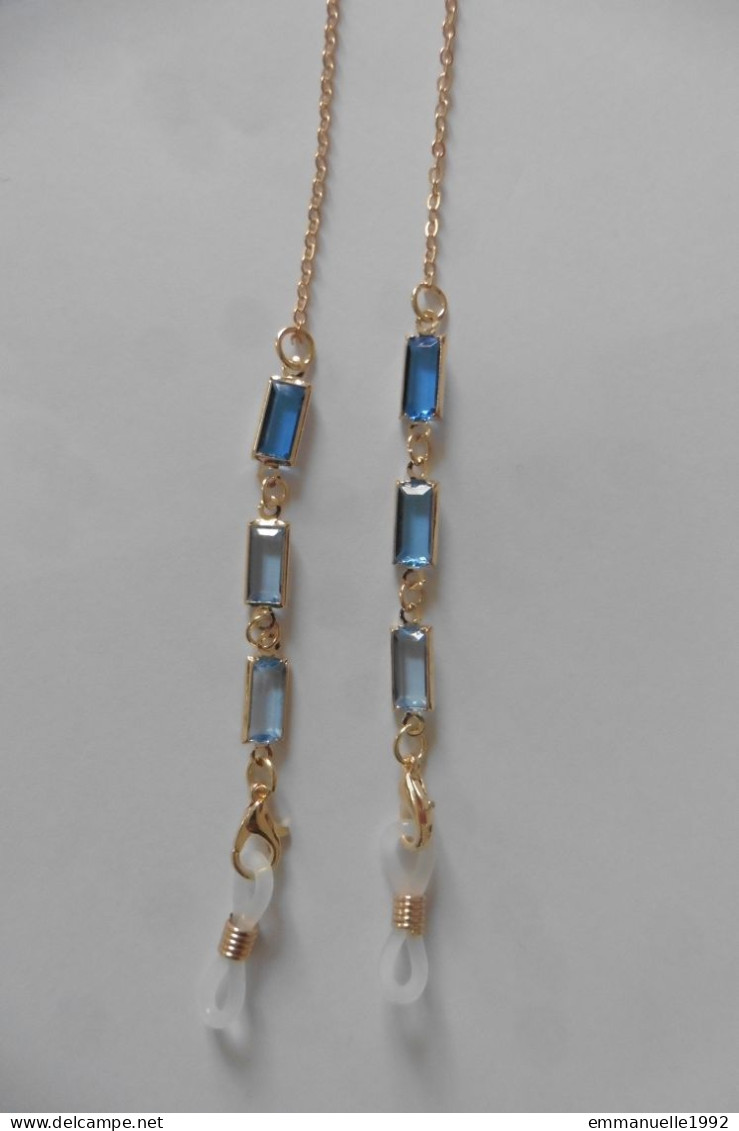 Cordon Chaine à Lunettes En Métal Doré Et Cristaux Bleus En Rectangle Fantaisie - Necklaces/Chains
