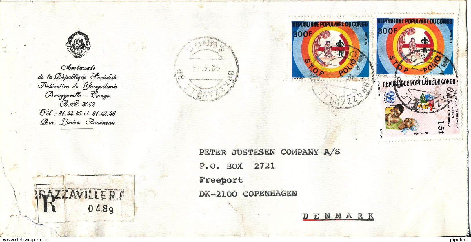 Congo Brazzaville Registered Cover Sent To Denmark 24-9-1986 Topic Stamps (from The Embassy Of Yugoslavia Brazzaville) - Usados