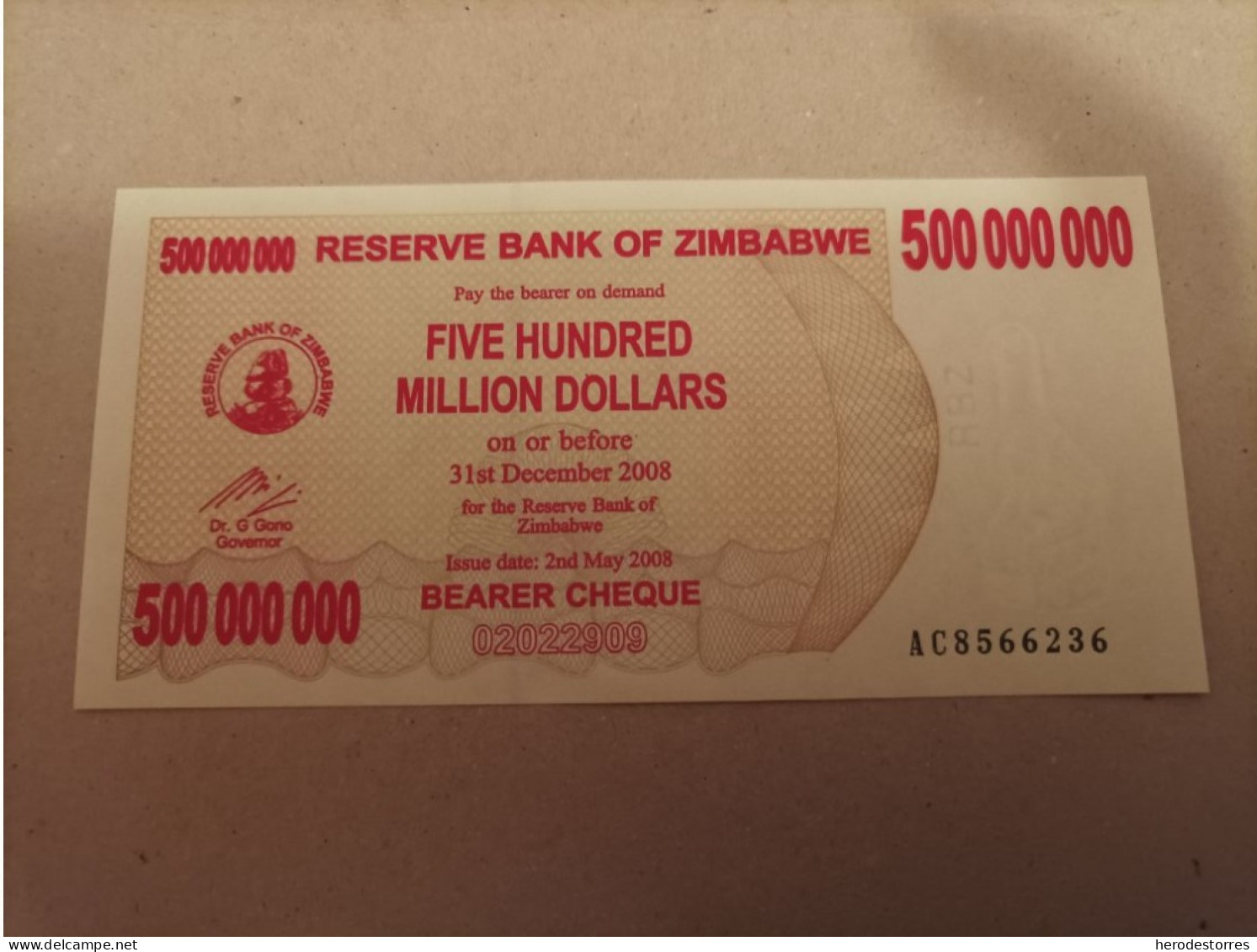 Billete Zimbabwe 500000000 Millones De Dólares, Año 2008, UNC - Zimbabwe