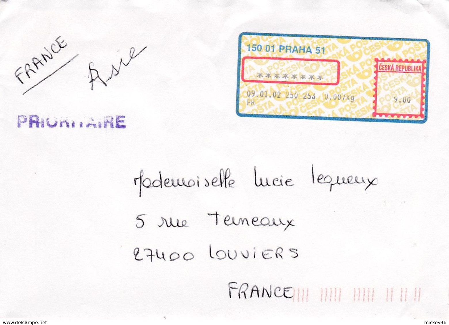 Tchéquie--2002--lettre De PRAHA 51  Pour LOUVIERS-27 (France)...vignette - Covers & Documents