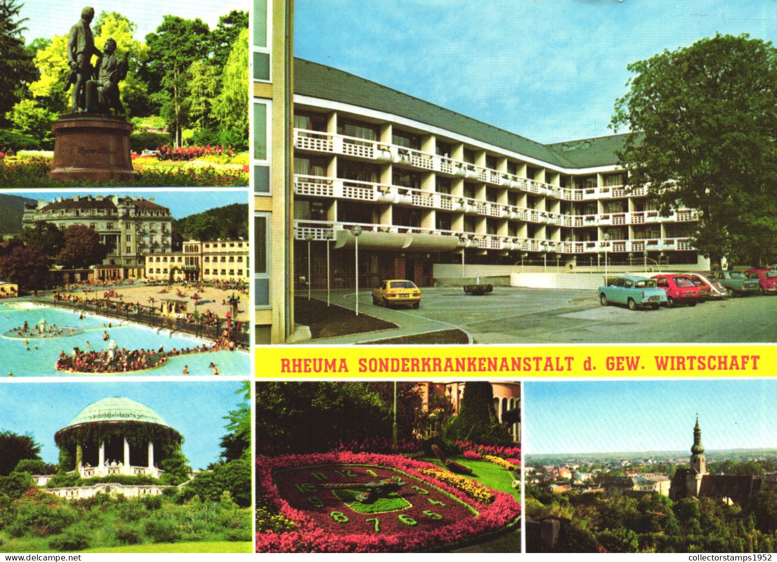 BADEN BEI WIEN, MULTIPLE VIEWS, ARCHITECTURE, STATUE, PARK, RESORT, BEACH,BEETHOVEN TEMPLE,FLORAL CLOCK,AUSTRIA,POSTCARD - Baden Bei Wien