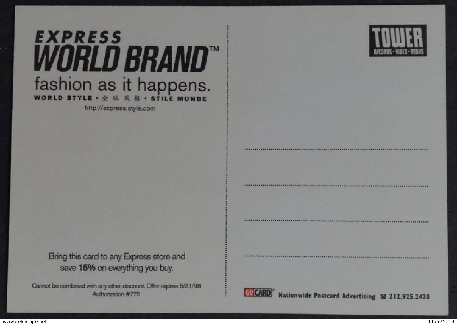 Carte Postale (Tower Records) Express World Brand (mode - Vêtements) Fashion As It Happens - Publicité