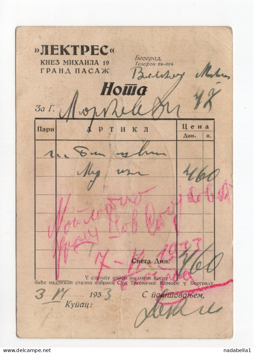 1933. KINGDOM OF YUGOSLAVIA,SERBIA,BELGRADE,LEKTRES FASHION,MADE IN YUG, ADVERTISEMENT CARD AND RECEIPT - Publicité