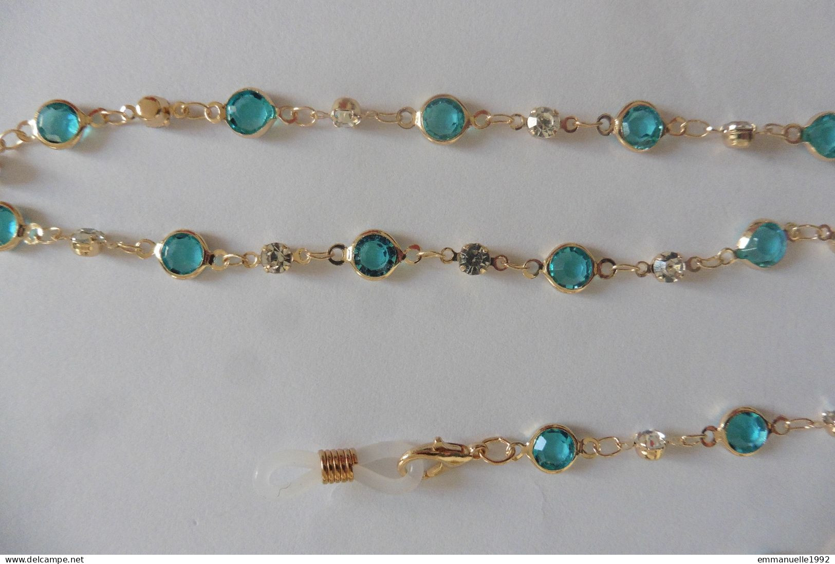 Cordon Chaine à Lunettes Métal Doré Strass Blanc Et Cristaux Bleu Turquoise - Collares/Cadenas