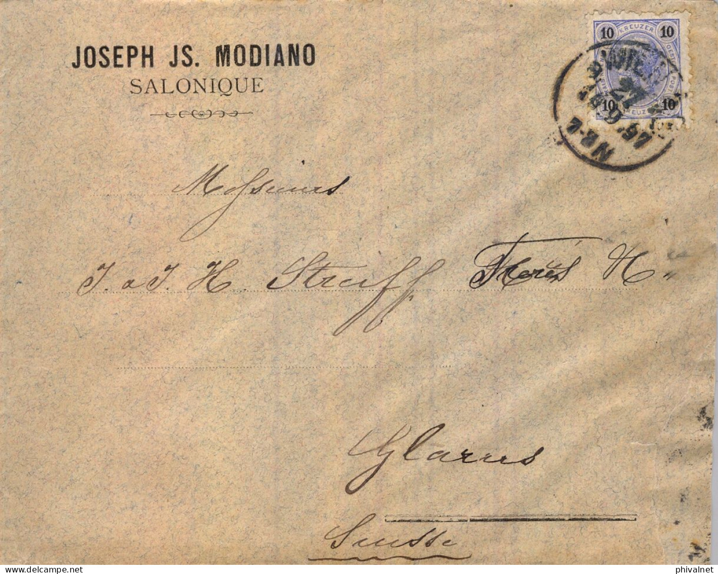 1897 SALONIQUE , CORREO AUSTRIACO EN LEVANTE , SOBRE CIRCULADO A GLARUS , LLEGADA AL DORSO - Eastern Austria