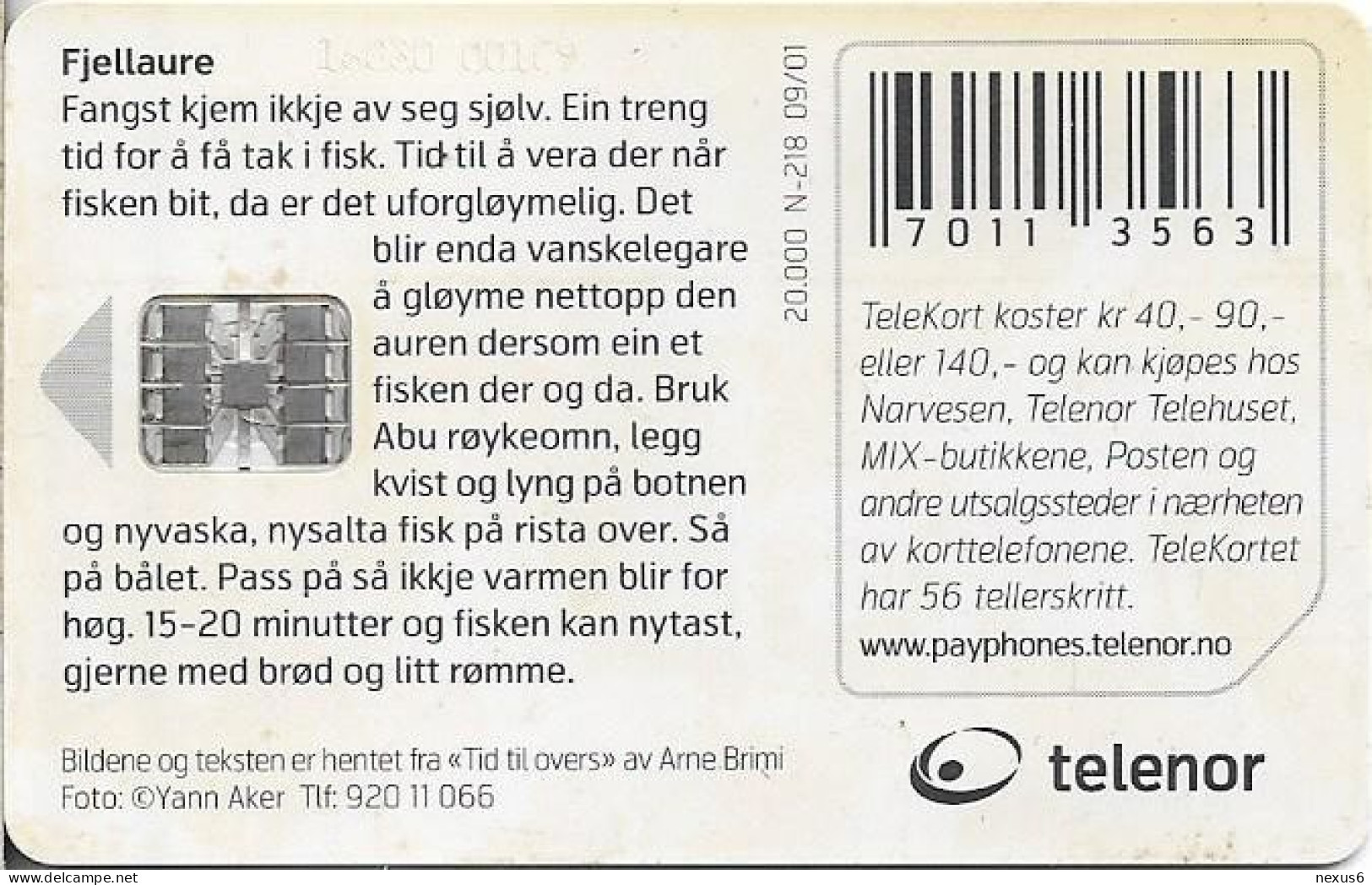 Norway - Telenor - Fish Fjellaure - N-218 - 09.2001, 20.000ex, Used - Noorwegen