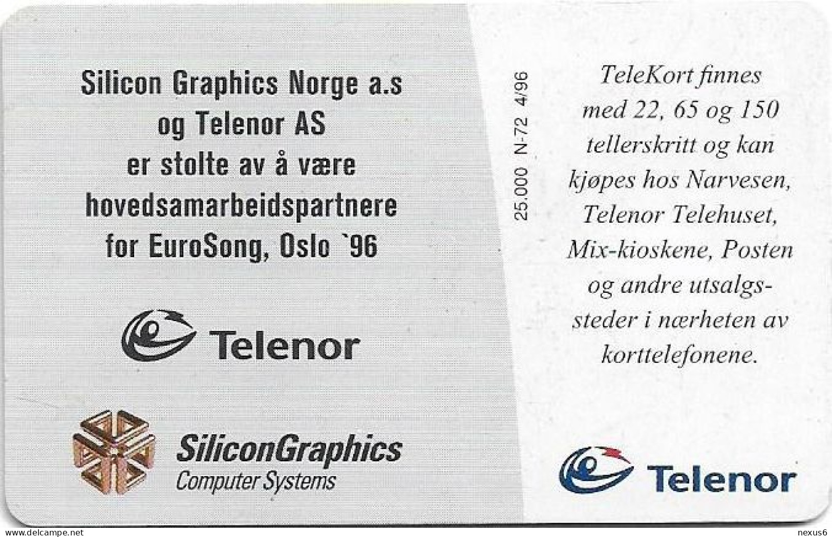 Norway - Telenor - Eurosong '96 - N-072 - SC7, 04.1996, 22U, 25.000ex, Used - Norwegen