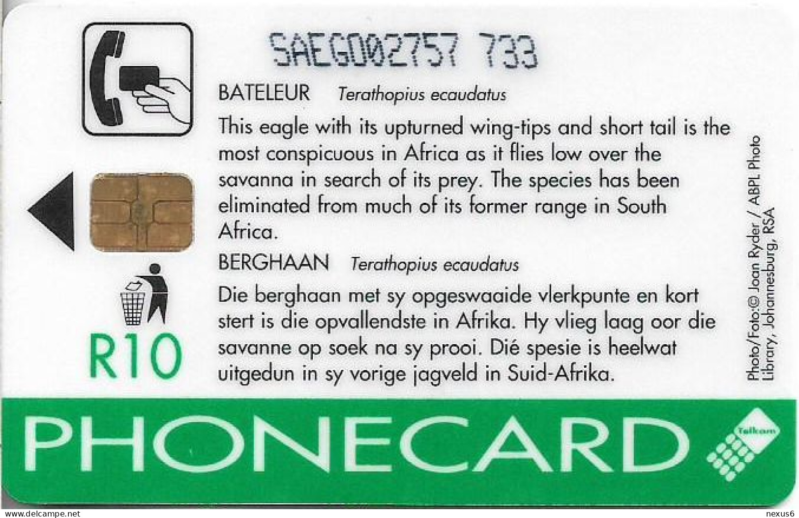 S. Africa - Telkom - Birds Of Prey - Bateleur Eagle, Cn. Dashed Ø, Thin, 10R, 1994, 150.000ex, Used - Suráfrica