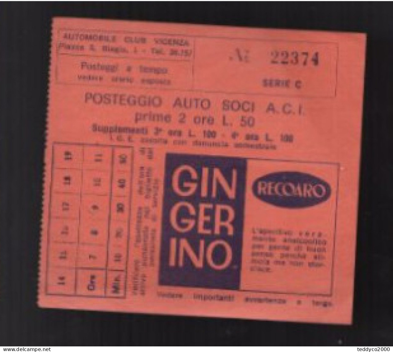 Biglietto Parcheggio ACI Vicenza RECOARO Gingerino - Tickets - Entradas