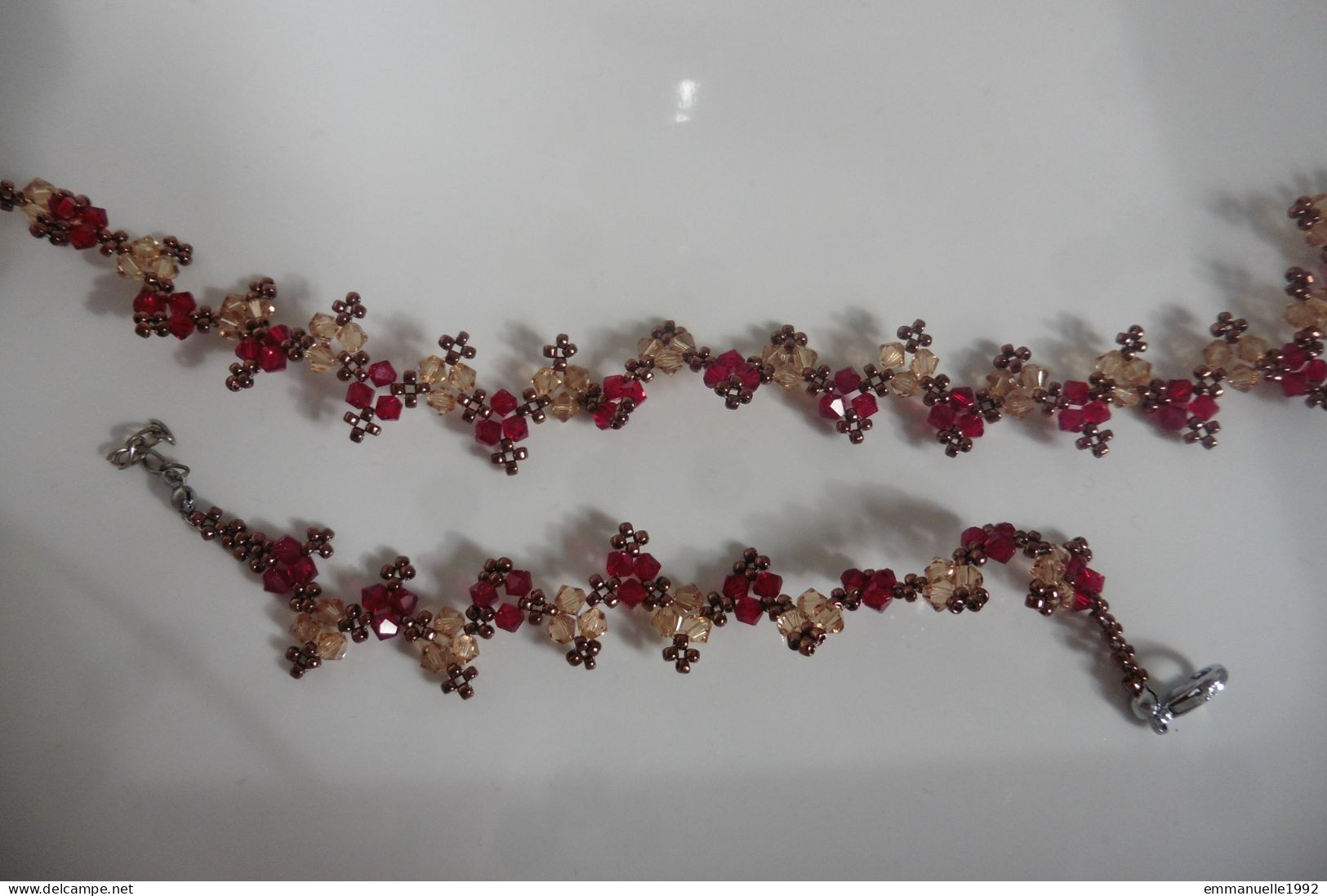 Neuf - Parure Collier & Bracelet Perles à Facettes Cristaux Rouge Grenat Mordoré - Fait Main - Collane/Catenine