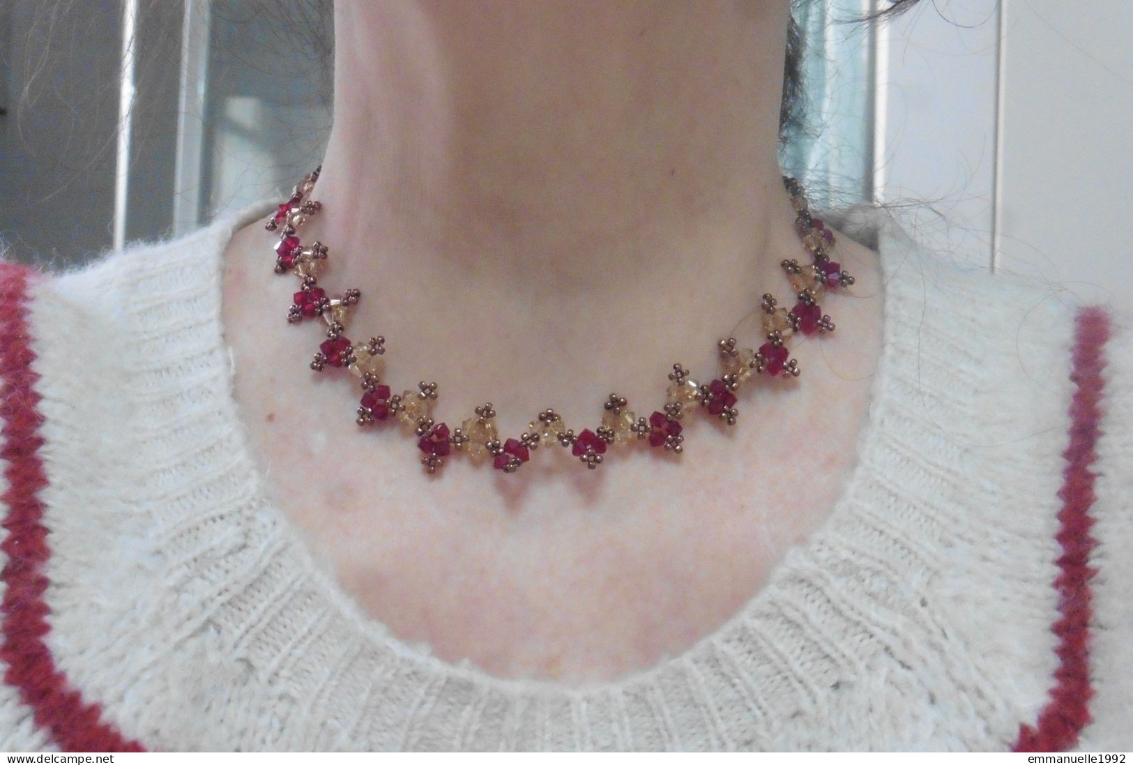 Neuf - Parure collier & bracelet perles à facettes cristaux rouge grenat mordoré - fait main