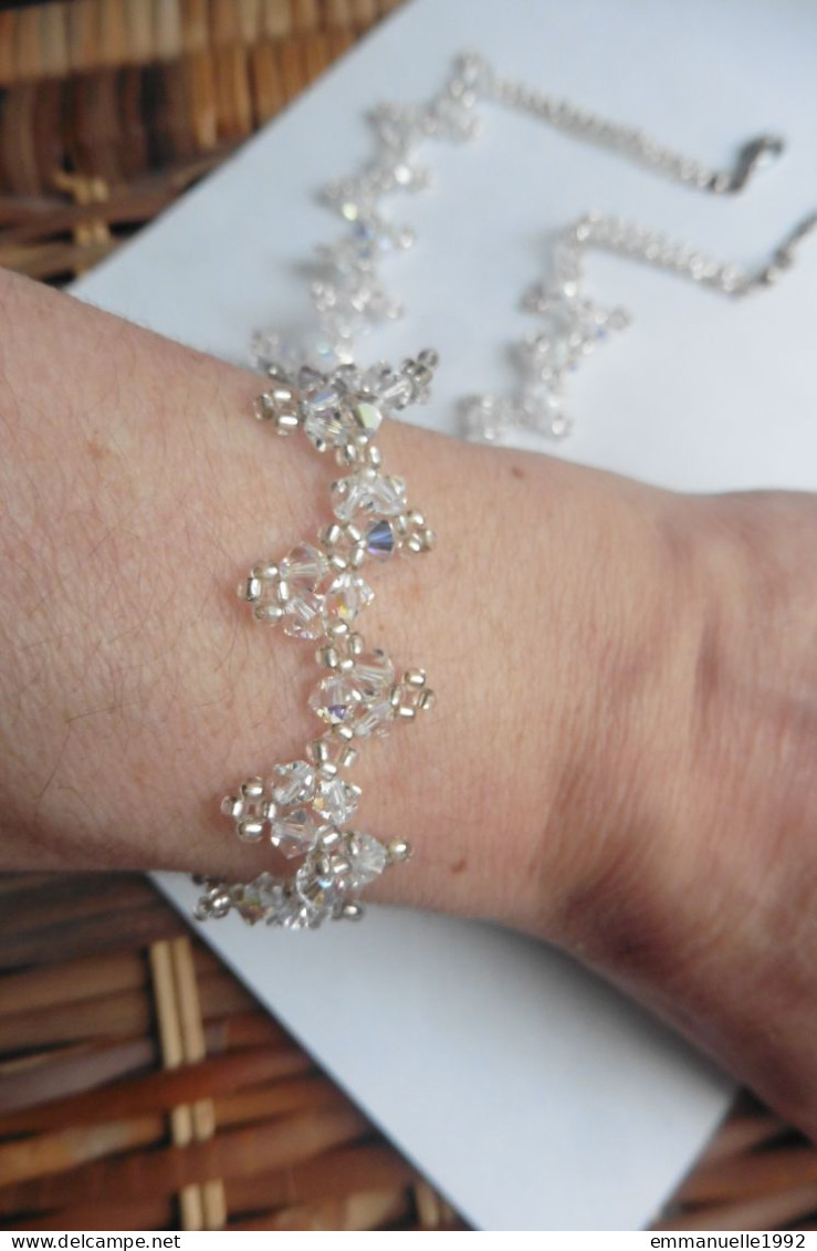 Neuf - Parure collier & bracelet perles à facettes cristaux blanc irisé à reflets aurore boréale - fait main