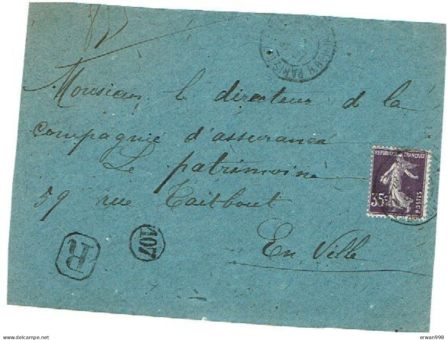 75 PARIS Devant Lettre Recommandée Cachet Manuel S/ Semeuse YT142  Seul Sur Lettre  Cachet De Facteur Rond N°107 (1115) - 1906-38 Semeuse Camée