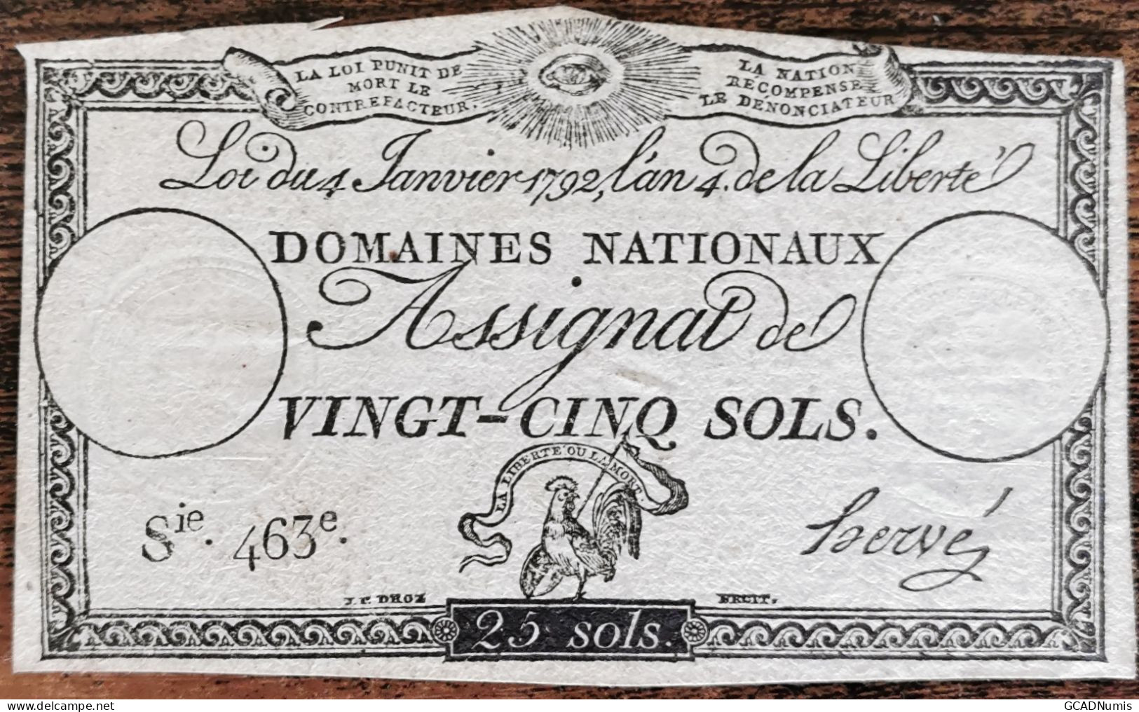 Assignat 25 Sols - 4 Janvier 1792 - Série 463 - Domaine Nationaux - Assignats & Mandats Territoriaux